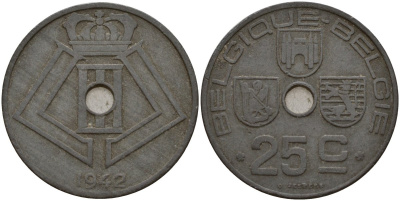 Бельгия 25 сантимов 1942 Belgique - Belgie, Леопольд III (1934-1947), германская оккупация, Вторая мировая война KM 131 цинк 4157-434