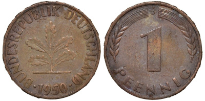 ФРГ 1 пфенниг 1950 F KM 105, J.380 сталь плакированная медью 4174-442