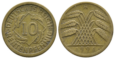 ГЕРМАНИЯ 10 РЕНТЕНПФЕННИГОВ 1924 A KM 33, J. 309, Weege 8 алюминиевая бронза 4380-942