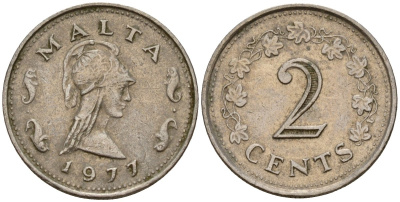 Мальта 2 цента 1977 Пентесилея, царица амазонок KM 9 медь цинк 4154-711