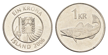 Исландия 1 крона 2006 треска KM 27a сталь плакированная никелем UNC 4687-861