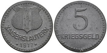 ГЕРМАНИЯ ПФАЛЬЦ КАЙЗЕРЗЛАУТЕРН 5 ПФЕННИГОВ 1917 КРИГСГЕЛЬД цинк 75-1642