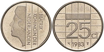 Нидерланды 25 центов 1983 Беатрикс (1980-2013) KM 204 никель UNC 4588-853