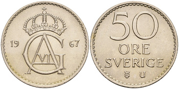 Швеция 50 эре 1967 U, Густав VI Адольф (1950-1973) KM 837 медно-никель UNC 4382-1153