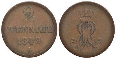 Ганновер 2 пфеннига 1848 A, Эрнст Август (1837-1851) KM 202.2, AKS 125, J. 75 медь 413-3312