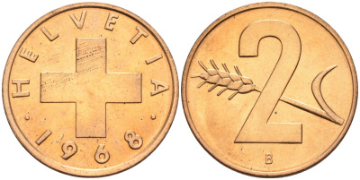 Швейцария 2 раппена 1968 В KM 47 бронза UNC 4573-1133
