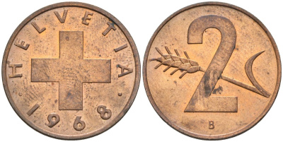 Швейцария 2 раппена 1968 В KM 47 бронза UNC 4573-1132