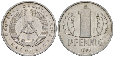 ГДР 1 пфенниг 1980 A KM 8.2 алюминий 187-542