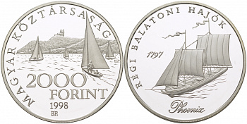 Венгрия 2000 форинтов 1998 ВР, морской корабль Phoenix, парусник KM 731 серебро PROOF 1068-1-64