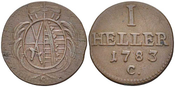 САКСОНИЯ 1 ГЕЛЛЕР 1783 С, ФРИДРИХ АВГУСТ III (1763-1806) KM 1002.1 (С90.1) медь 206-344