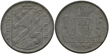 Бельгия 1 франк 1946 BELGI? - BELGIQUE KM 128 цинк 51-643