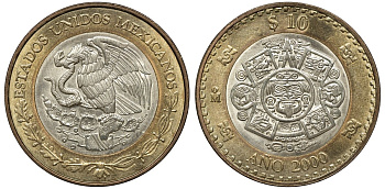 Мексика 10 песо 2000 Мо, бог Тонатиу - бог солнца, смена тысечелетий KM 636 биметалл UNC 4367-1111