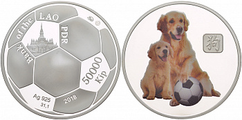 Лаос 50000 кипов 2018 год собаки, футбол, эмаль, сертификат KM NEW серебро PROOF 11-242-12