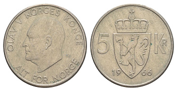 Норвегия 5 крон 1966 Улаф V (1957-1991) KM 412 медно-никель 4162-346