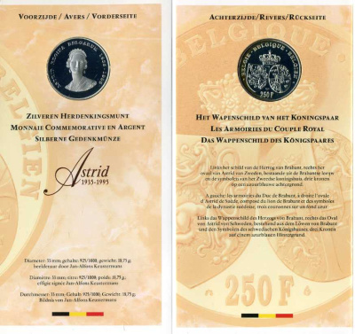 Бельгия 250 франков 1995 Belgie-Belgique, 60 лет со дня смерти королевы Астрид (1935-1995), в оригинальном буклете, в запайке  KM 199 серебро  PROOF  6-5-3-12