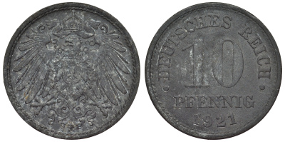Германия 10 пфеннигов 1921 KM 26, J. 299, Weege 8 цинк 4119-417