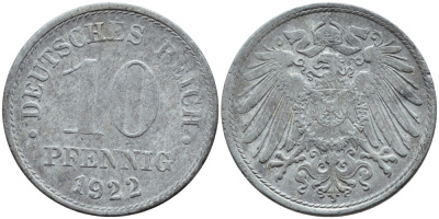 ГЕРМАНИЯ 10 ПФЕННИГОВ 1922 KM 26, J. 299 цинк 4395-1257