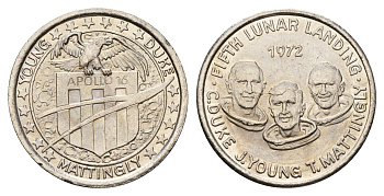 США медаль в честь полета на Луну Аполлон-16 1972 диаметр 26 мм, вес 6,6 гр белый металл 4686-1016