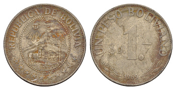 Боливия 1 песо 1969 KM 192 сталь плакированная никелем 4656-944