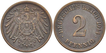 ГЕРМАНИЯ 2 ПФЕННИГА 1914 E KM 16, J. 11 медь 175-247