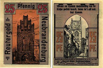 НОЙБРАНДЕНБУРГ 25 ПФЕННИГОВ 1922 НОТГЕЛЬД, 1922 - 31 МАЯ 1922, ЗЕМЛЯ МЕКЛЕНБУРГ-ПЕРЕДНЯЯ ПОМЕРАНИЯ Grabowski 935.1 бумага 6318-48-3-2