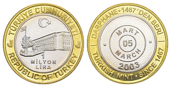 Турция 1000000 лир 2003 535 лет Стамбульскому монетному двору - 05 марта KM 1139.2 биметалл UNC 4168-131