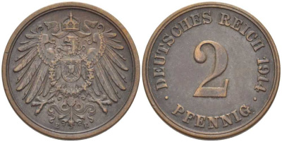 ГЕРМАНИЯ 2 ПФЕННИГА 1914 E KM 16, J. 11 медь 175-247