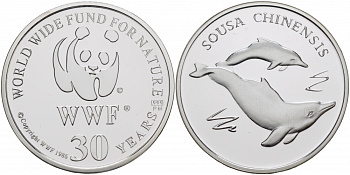 ЕВРОПА МЕДАЛЬ 1986 30 ЛЕТ WWF, ДЕЛЬФИН, AOUSA CHINENSIS серебро PROOF 00-00