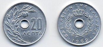 Греция 20 лепта 1969 Константин II (1964-1974), оливковая ветвь KM 79 алюминий UNC 41-1011