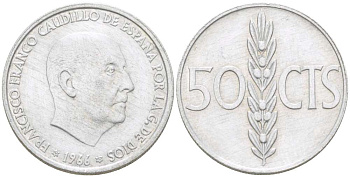 ИСПАНИЯ 50 СЕНТИМО 1966 (67) ФРАНСИСКО ФРАНКО ДИКТАТОР ИСПАНИИ (1939- 1975) KM 795 алюминий 4519-857