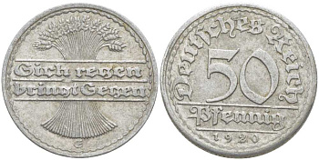 ГЕРМАНИЯ 50 ПФЕННИГОВ 1920 G KM 27, J. 301, Weege 10 алюминий 3856-612