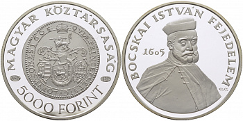 Венгрия 5000 форинтов 2005 дизайн Трансильванского талера, Иштван Бочкаи (1557-1606), тираж 3000 экземпляров KM 786 серебро PROOF 1077-4-21