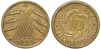 Германия 10 рейхспфеннигов 1925 A KM 40, J. 317 алюминиевая бронза 4604-656