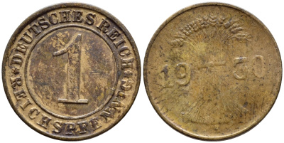 ГЕРМАНИЯ 1 РЕЙХСПФЕННИГ 1930 A KM 37, J 313 бронза 4396-253