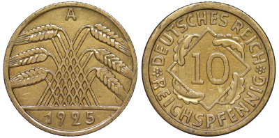 Германия 10 рейхспфеннигов 1925 A KM 40, J. 317 алюминиевая бронза 4604-656