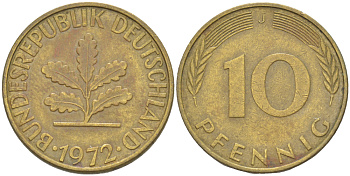 ФРГ 10 ПФЕННИГОВ 1972 J KM 108, J. 383 сталь плакированная латунью 4182-831