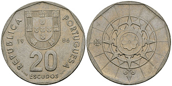 Португалия 20 эскудо 1986 KM 634 медно-никель 4120-1013