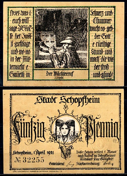 Шопфхайм (Баден) 50 пфеннигов 1921 Mehl Grabowski 1201.1-4/6 бумага UNC (пресс) 7553-4-2-2
