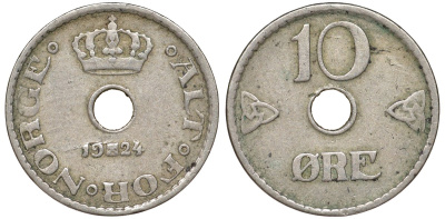 Норвегия 10 эре 1924 KM 383 медно-никель 51-2835