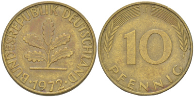 ФРГ 10 ПФЕННИГОВ 1972 J KM 108, J. 383 сталь плакированная латунью 4182-831
