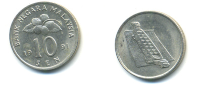 Малайзия 10 сенов 1991 цветок KM 51 медно-никель 176-763