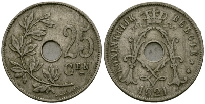 Бельгия 25 сантимов 1921 Belgie KM 69 медно-никель 4165-815