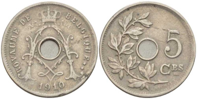 Бельгия 5 сантимов 1910 Belgique, Альберт I (1909-1934) KM 66 медно-никель 213-452