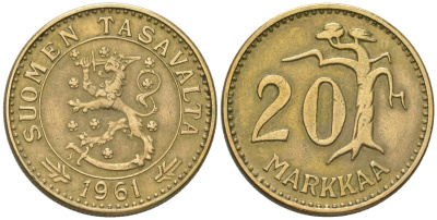 Финляндия 20 марок 1961 S KM 39 алюминиевая бронза 4586-754