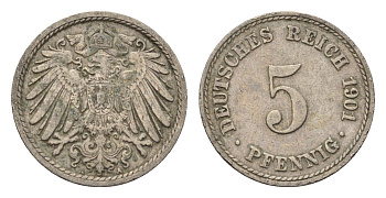 Германия 5 пфеннигов 1901 A KM 11, J. 12 медно-никель 4696-619