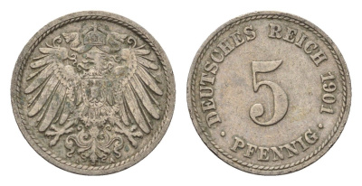 Германия 5 пфеннигов 1901 A KM 11, J. 12 медно-никель 4696-619