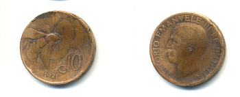 ИТАЛИЯ 10 ЧЕНТЕЗИМО 1921 R, МОНДВОР РИМ, ВИКТОР ЭММАНУИЛ III (1900-1946) KM 60 медь 80-1153