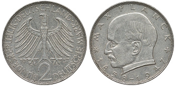 ФРГ 2 марки 1957 J , Макс Планк KM 116, J. 392 медно-никель плакированный никелем 72-233