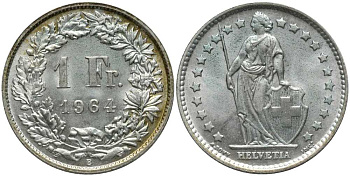 ШВЕЙЦАРИЯ 1 ФРАНК 1964 B КМ 24 серебро 202-547