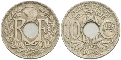 ФРАНЦИЯ 10 САНТИМОВ 1922 ТИП ЛИНДАЙЁ KM 866а медно-никель 4402-743